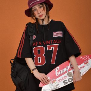 Vintage Motorcycle Graphic Short Sleeve T-Shirt for Women - Summer Loose Fit Couple Tee with Double Stripe Design, Trendy Style