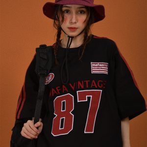 Vintage Motorcycle Graphic Short Sleeve T-Shirt for Women - Summer Loose Fit Couple Tee with Double Stripe Design, Trendy Style