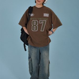 Vintage Motorcycle Graphic Short Sleeve T-Shirt for Women - Summer Loose Fit Couple Tee with Double Stripe Design, Trendy Style