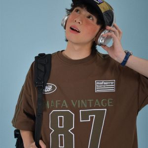 Vintage Motorcycle Graphic Short Sleeve T-Shirt for Women - Summer Loose Fit Double Stripe Trendy Y2K Style