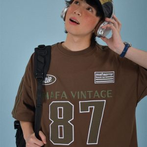 Vintage Motorcycle Graphic Short Sleeve T-Shirt for Women - Summer Loose Fit Double Stripe Trendy Y2K Style