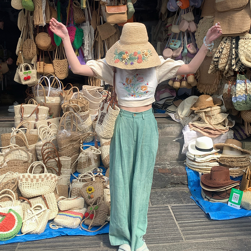 Vintage Mountain Breeze Retro Cotton Linen Casual Pants for Women - Summer Thin Loose High Waist Wide Leg Trousers