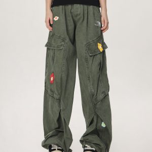 Vintage Multi-Pocket Embroidered Casual Work Pants for Men and Women - Loose Straight Cargo Style, American Retro Fashion