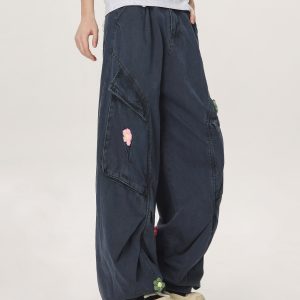 Vintage Multi-Pocket Embroidered Casual Work Pants for Men and Women - Loose Straight Cargo Style, American Retro Fashion