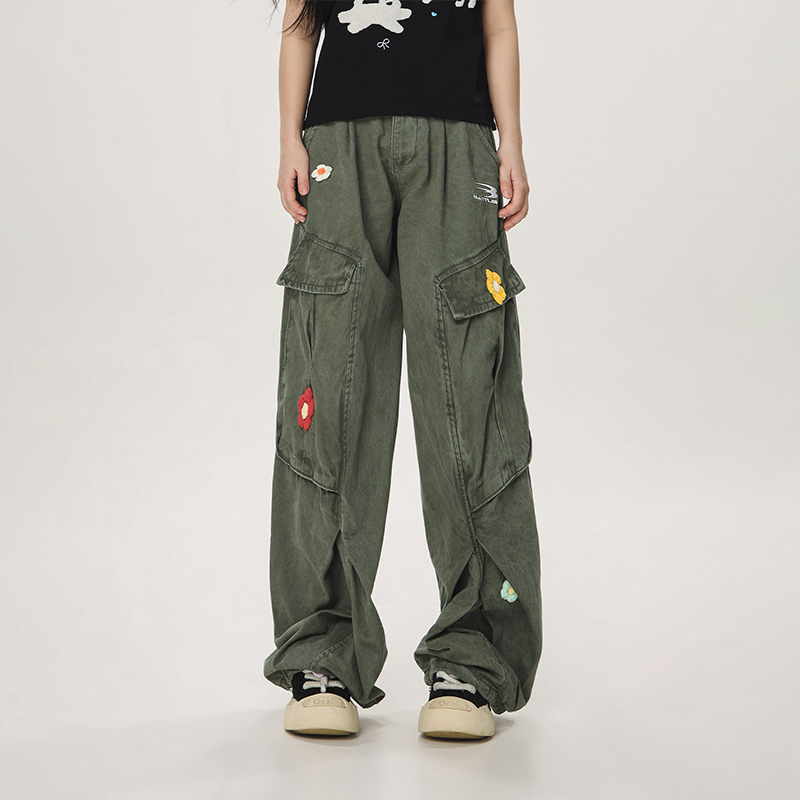 Vintage Multi-Pocket Embroidered Casual Work Pants for Men and Women - Loose Straight Cargo Style, American Retro Fashion