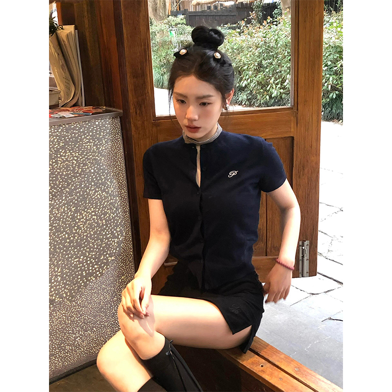 Vintage Navy Blue Knitted Short-Sleeve Women's Summer Cardigan - Slim Fit Round Neck Stylish Top for Y2K and Retro Fashion