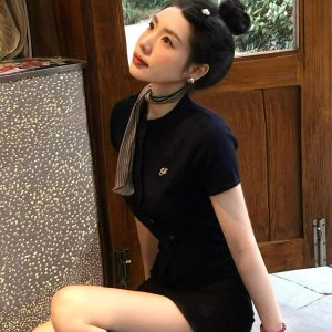 Vintage Navy Blue Knitted Short-Sleeve Women's Summer Cardigan - Slim Fit Round Neck Stylish Top for Y2K and Retro Fashion