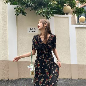 Vintage Night Rose Red French V-Neck Short Sleeve Flared Chiffon Dress for Women – Summer 90s Inspired Fashion