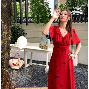Vintage Night Rose Red French V-Neck Short Sleeve Flared Chiffon Dress for Women – Summer 90s Inspired Fashion