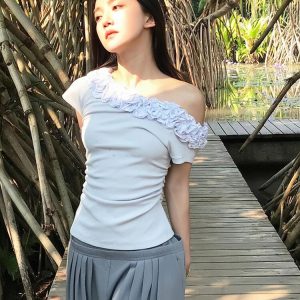 Vintage Off-Shoulder T-Shirt for Women - Summer Multi-Layer Lace, Slim Fit, Short Sleeves, Trendy Niche Design