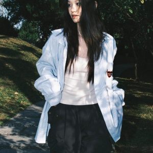 Vintage Oversized Blue Shirt Jacket for Women with Letter Embroidery - Spring 90s Style High-End Feel
