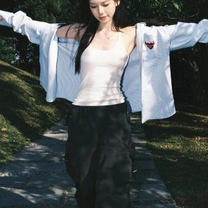 Vintage Oversized Blue Shirt Jacket for Women with Letter Embroidery - Spring 90s Style High-End Feel