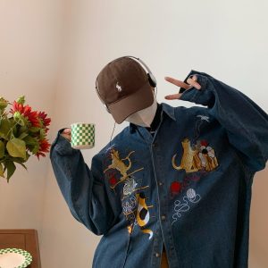 Vintage Oversized Denim Jacket with Cat Embroidery - Autumn 90s Style Fashion