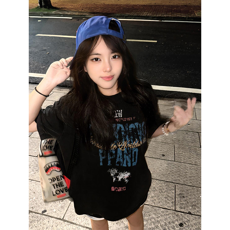 Vintage Oversized Short Sleeve T-Shirt for Women, Y2K Street Style Cotton Tee with Letter Print, Summer Loose Fit Top