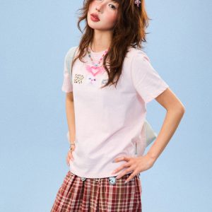 Vintage Patch Embroidery Short Sleeve T-Shirt for Women - Casual Summer Top, Versatile American Style Fashion