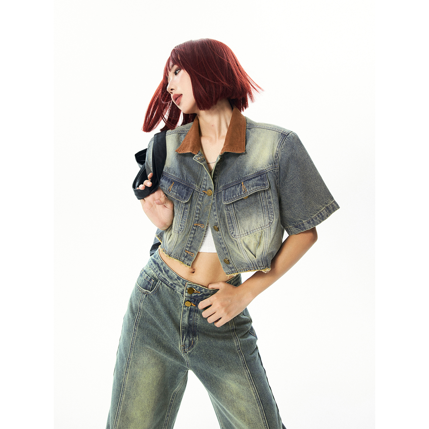 Vintage Patchwork Denim Short Sleeve Jacket Set for Women - Summer 90s Style Fashion Vintage Patchwork Denim Short Sleeve Jacket Set for Women - Summer 90s Style Fashion