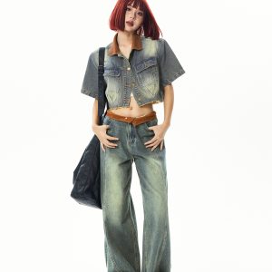 Vintage Patchwork Denim Short Sleeve Jacket Set for Women - Summer 90s Style Fashion