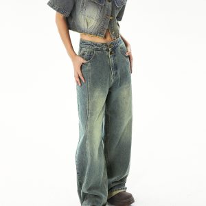 Vintage Patchwork Denim Short Sleeve Jacket Set for Women - Summer 90s Style Fashion