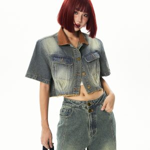 Vintage Patchwork Denim Short Sleeve Jacket Set for Women - Summer 90s Style Fashion