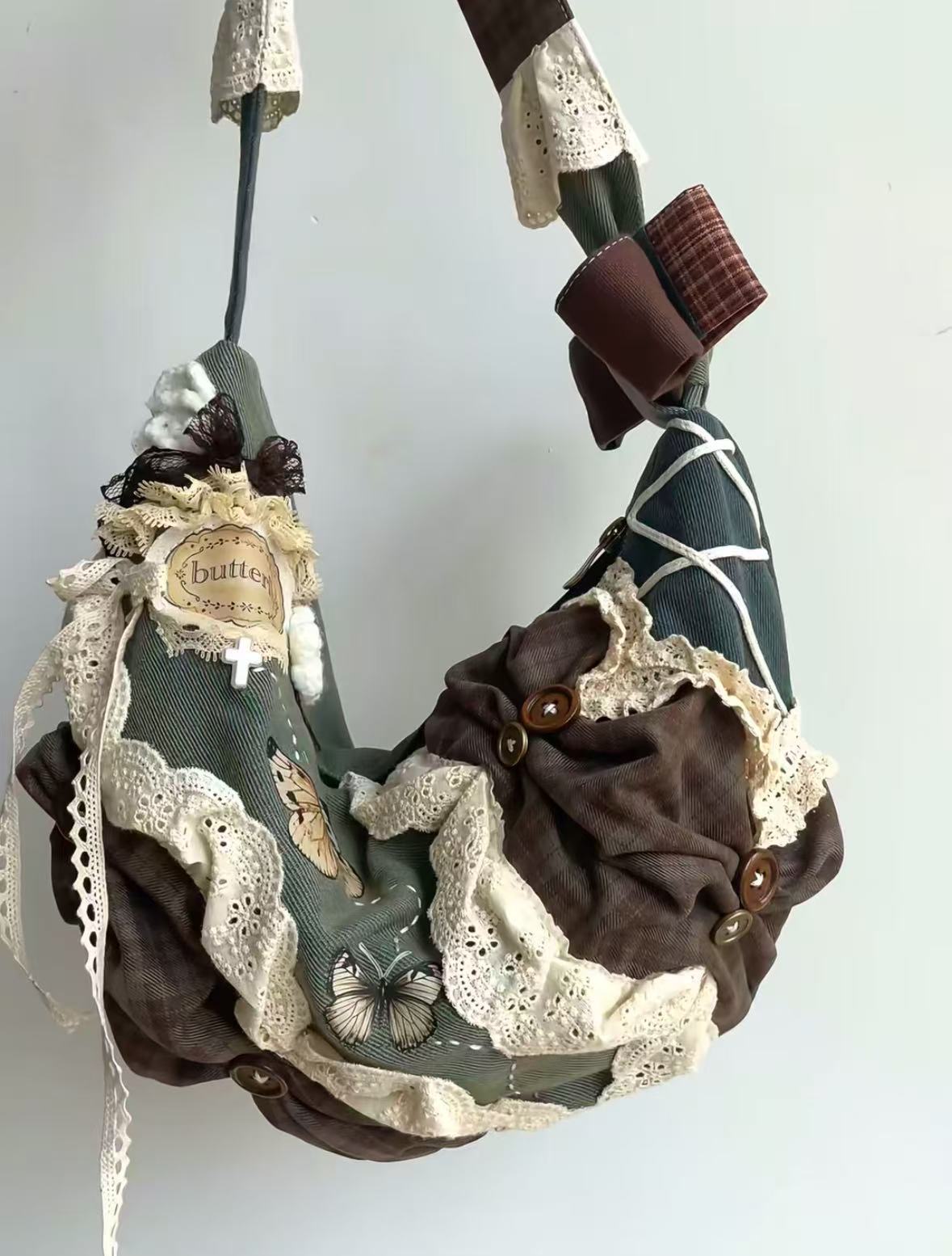 Vintage Patchwork Dumpling Bag - Large Capacity Canvas Tote with Lace Detail, Stylish Commuting Shoulder Crossbody Handbag Vintage Patchwork Dumpling Bag - Large Capacity Canvas Tote with Lace Detail, Stylish Commuting Shoulder Crossbody Handbag