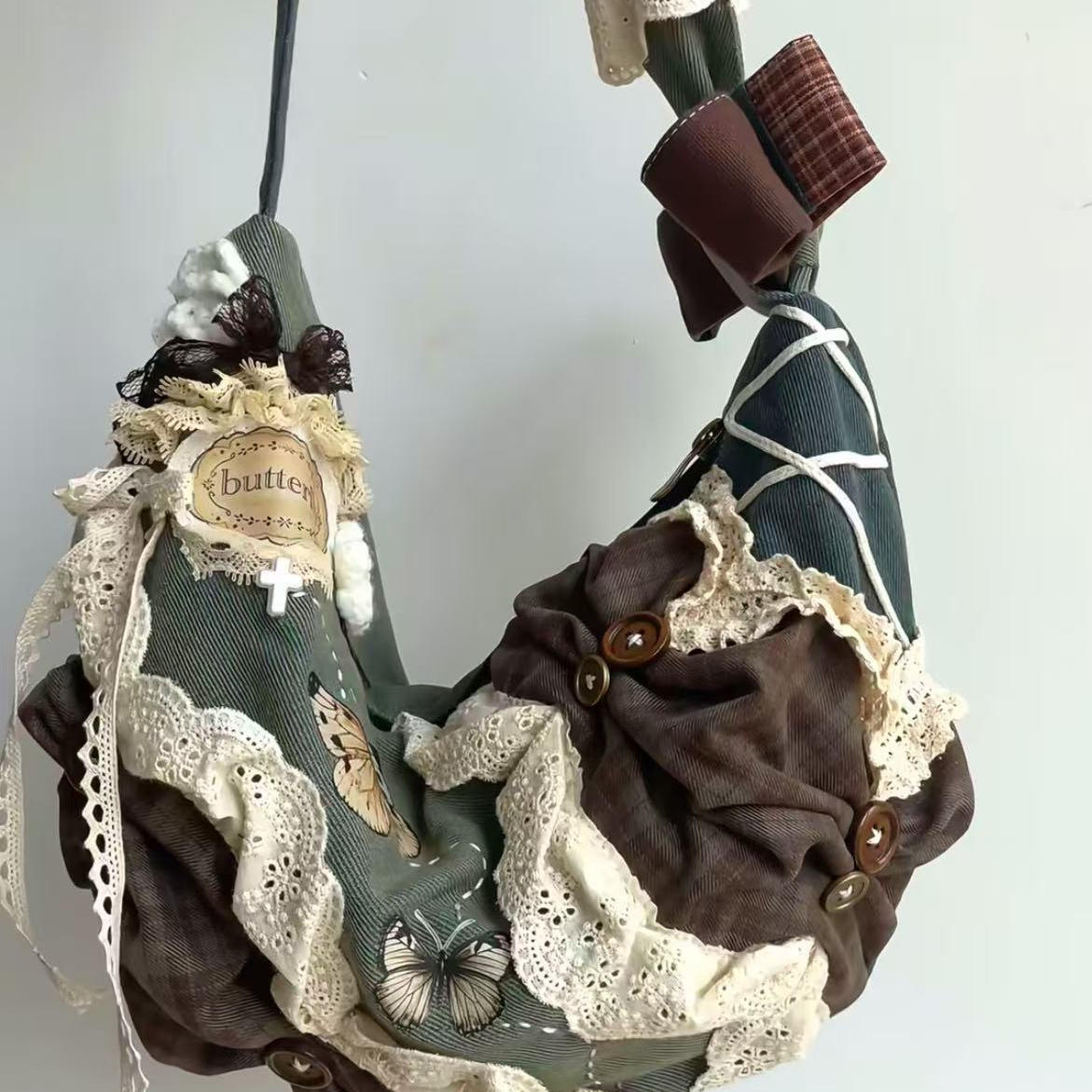 Vintage Patchwork Dumpling Bag - Large Capacity Canvas Tote with Lace Detail, Stylish Commuting Shoulder Crossbody Handbag