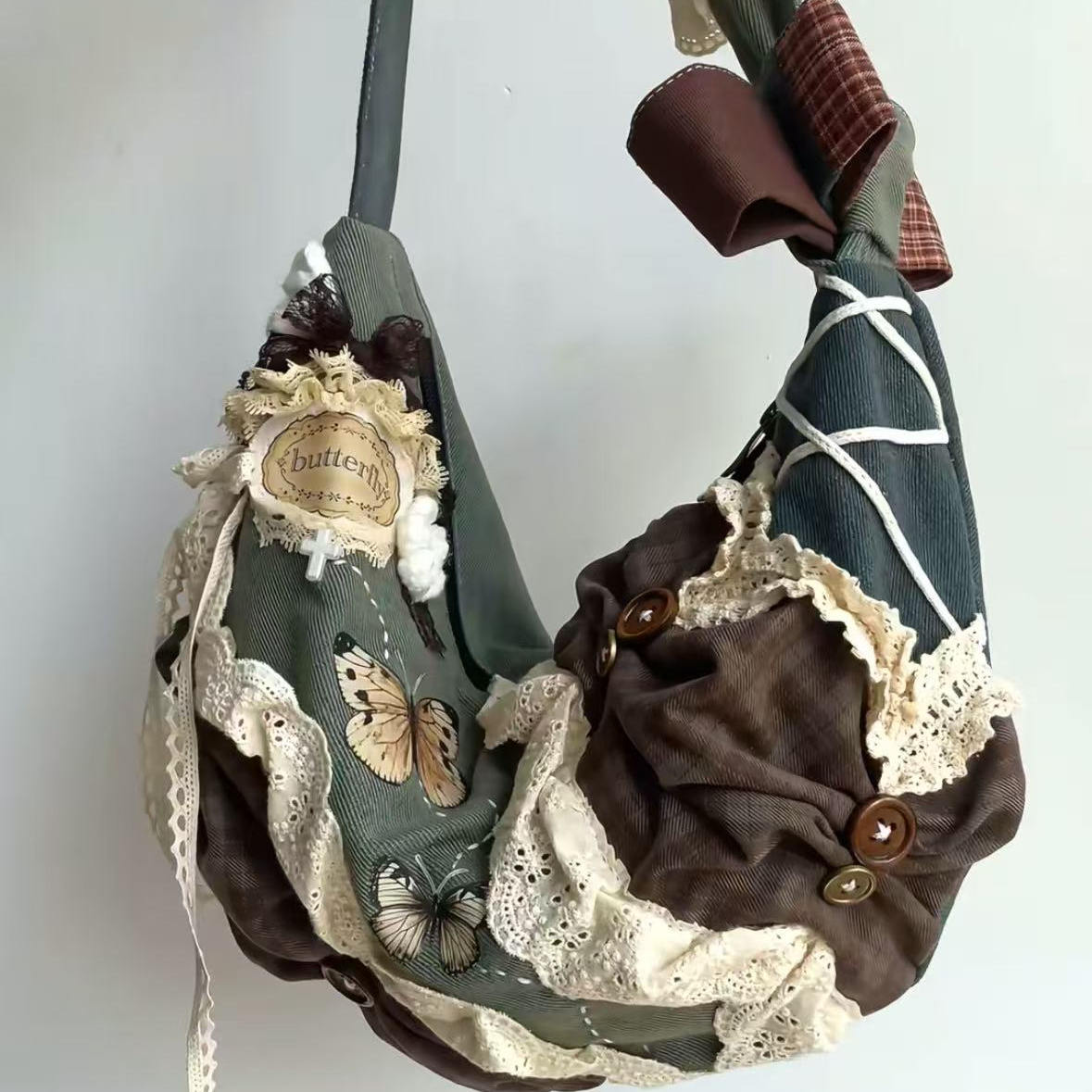 Vintage Patchwork Dumpling Bag - Large Capacity Canvas Tote with Lace Detail, Stylish Commuting Shoulder Crossbody Handbag Vintage Patchwork Dumpling Bag - Large Capacity Canvas Tote with Lace Detail, Stylish Commuting Shoulder Crossbody Handbag