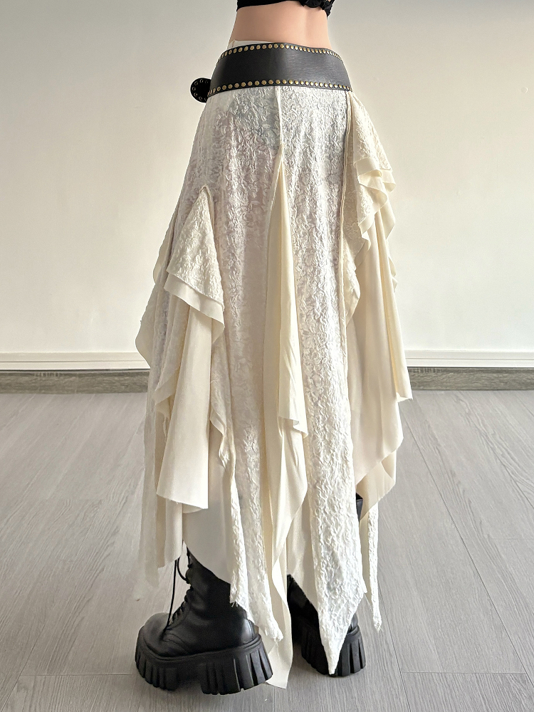 Vintage Patchwork Irregular Long Skirt with Ruffles and Jacquard Texture, Boho Chic Draped Half Skirt, Nomadic Poet Style Vintage Patchwork Irregular Long Skirt with Ruffles and Jacquard Texture, Boho Chic Draped Half Skirt, Nomadic Poet Style