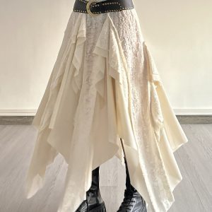 Vintage Patchwork Irregular Long Skirt with Ruffles and Jacquard Texture, Boho Chic Draped Half Skirt, Nomadic Poet Style