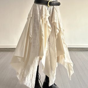 Vintage Patchwork Irregular Long Skirt with Ruffles and Jacquard Texture, Boho Chic Draped Half Skirt, Nomadic Poet Style
