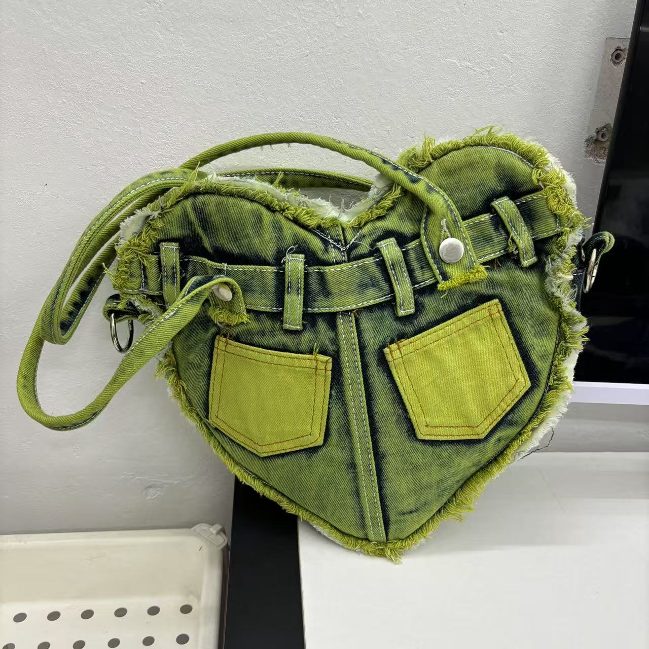 Vintage Patchwork Washed Fringe Denim Heart Crossbody Bag - Trendy Underarm Shoulder Bag for Y2K Style Enthusiasts