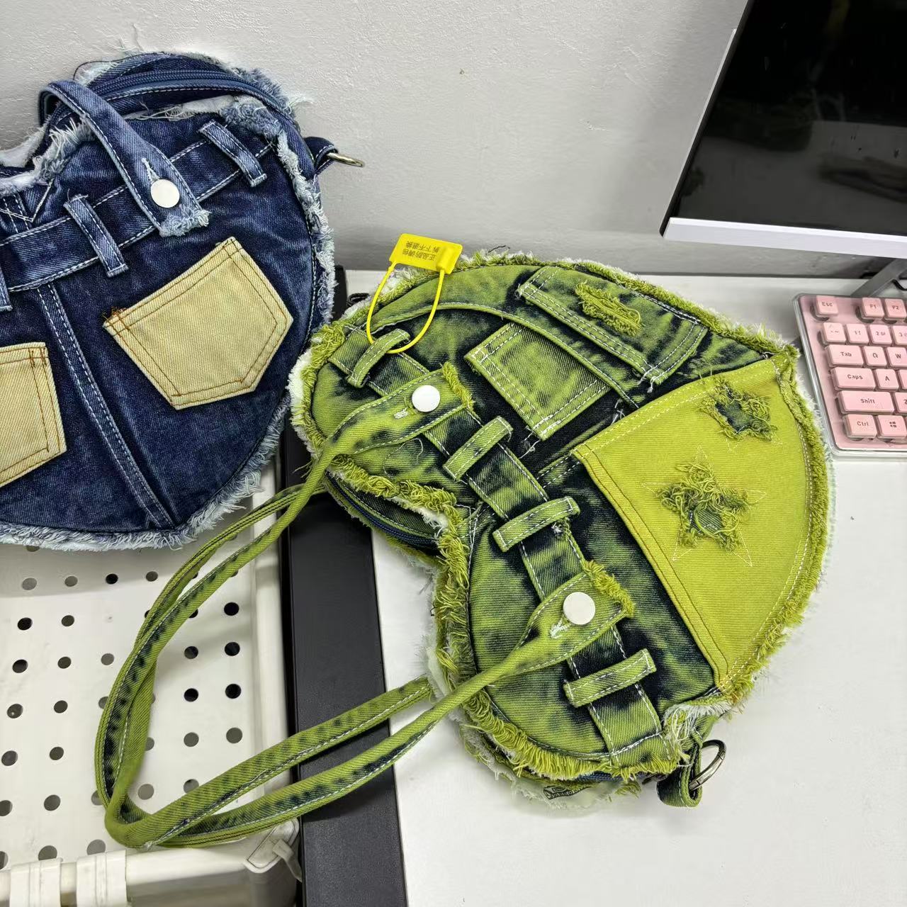 Vintage Patchwork Washed Fringe Denim Heart Crossbody Bag - Trendy Underarm Shoulder Bag for Y2K Style Enthusiasts Vintage Patchwork Washed Fringe Denim Heart Crossbody Bag - Trendy Underarm Shoulder Bag for Y2K Style Enthusiasts