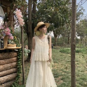 Vintage Pearl Dream Butterfly Lace Patchwork Sleeveless Dress - Women's Summer Forest Style Remake Long Dress, Y2K Aesthetic