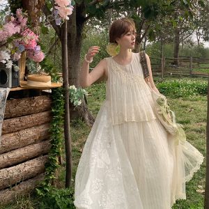 Vintage Pearl Dream Butterfly Lace Patchwork Sleeveless Dress - Women's Summer Forest Style Remake Long Dress, Y2K Aesthetic