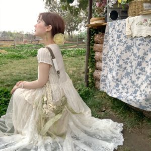 Vintage Pearl Dream Butterfly Lace Patchwork Sleeveless Dress - Women's Summer Forest Style Remake Long Dress, Y2K Aesthetic