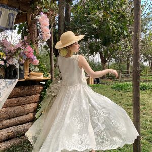 Vintage Pearl Dream Butterfly Lace Patchwork Sleeveless Dress - Women's Summer Forest Style Remake Long Dress, Y2K Aesthetic