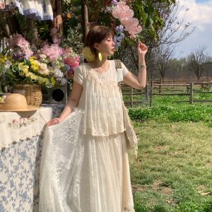 Vintage Pearl Dream Butterfly Lace Patchwork Sleeveless Dress - Women's Summer Forest Style Remake Long Dress, Y2K Aesthetic