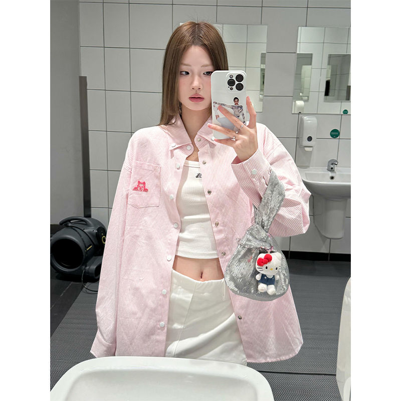 Vintage Pink Striped Shirt for Women with Dog Embroidery, Loose Spring Jacket, Sun Protection Top, 90s Inspired Fashion