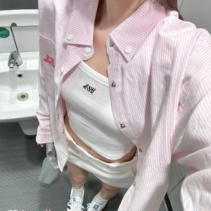 Vintage Pink Striped Shirt for Women with Dog Embroidery, Loose Spring Jacket, Sun Protection Top, 90s Inspired Fashion