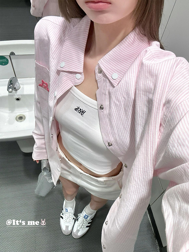 Vintage Pink Striped Shirt for Women with Dog Embroidery, Loose Spring Jacket, Sun Protection Top, 90s Inspired Fashion Vintage Pink Striped Shirt for Women with Dog Embroidery, Loose Spring Jacket, Sun Protection Top, 90s Inspired Fashion