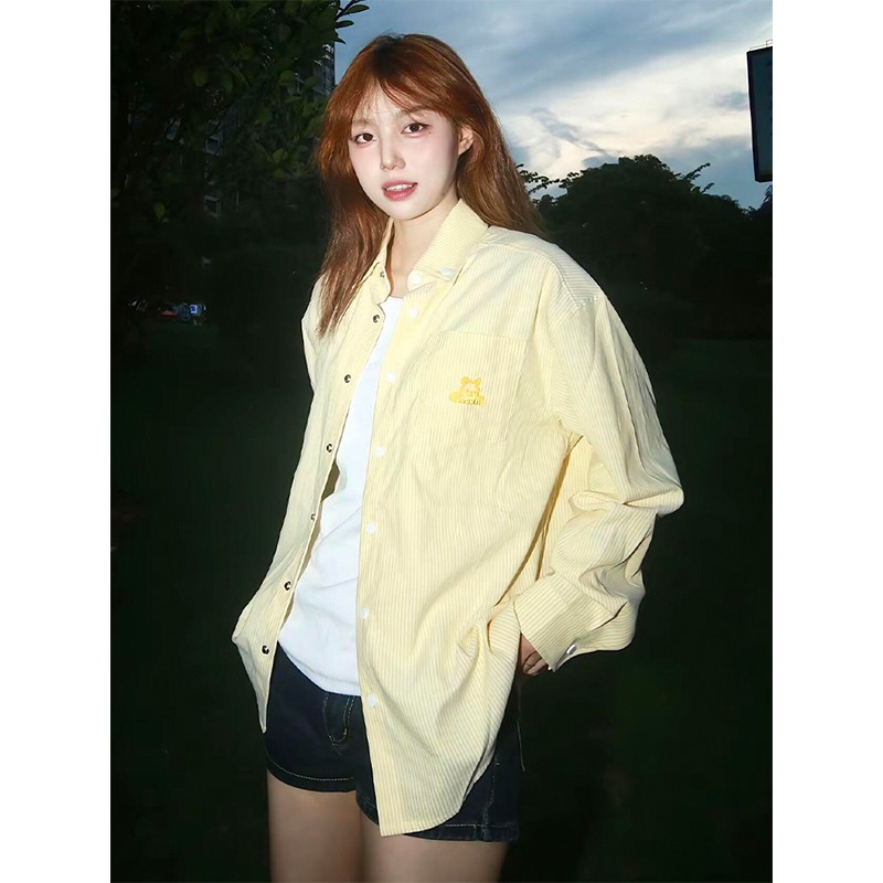 Vintage Pink Striped Shirt for Women with Dog Embroidery, Loose Spring Jacket, Sun Protection Top, 90s Inspired Fashion Vintage Pink Striped Shirt for Women with Dog Embroidery, Loose Spring Jacket, Sun Protection Top, 90s Inspired Fashion