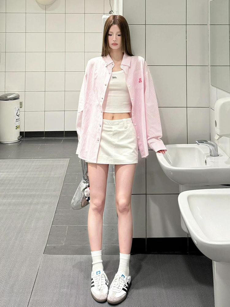 Vintage Pink Striped Shirt for Women with Dog Embroidery, Loose Spring Jacket, Sun Protection Top, 90s Inspired Fashion Vintage Pink Striped Shirt for Women with Dog Embroidery, Loose Spring Jacket, Sun Protection Top, 90s Inspired Fashion