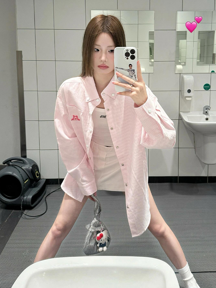 Vintage Pink Striped Shirt for Women with Dog Embroidery, Loose Spring Jacket, Sun Protection Top, 90s Inspired Fashion Vintage Pink Striped Shirt for Women with Dog Embroidery, Loose Spring Jacket, Sun Protection Top, 90s Inspired Fashion