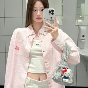 Vintage Pink Striped Shirt for Women with Dog Embroidery, Loose Spring Jacket, Sun Protection Top, 90s Inspired Fashion