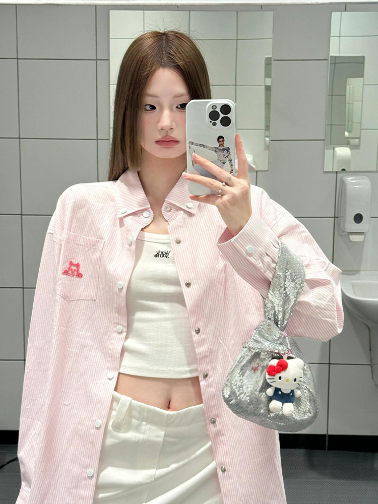 Vintage Pink Striped Shirt for Women with Dog Embroidery, Loose Spring Jacket, Sun Protection Top, 90s Inspired Fashion Vintage Pink Striped Shirt for Women with Dog Embroidery, Loose Spring Jacket, Sun Protection Top, 90s Inspired Fashion