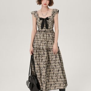 Vintage Plaid A-Line Dress for Women with High Waist, Butterfly Embroidery, Spaghetti Straps, Flared Skirt - Summer Fashion 90s Style