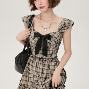Vintage Plaid A-Line Dress for Women with High Waist, Butterfly Embroidery, Spaghetti Straps, Flared Skirt - Summer Fashion 90s Style