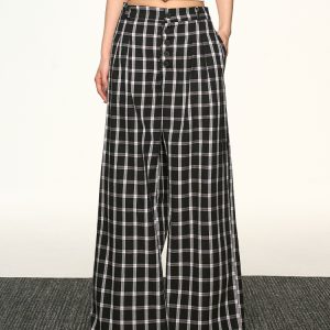 Vintage Plaid Button-Up Casual Pants for Women - Summer Loose Relaxed Wide-Leg Trousers, American Style Fashion
