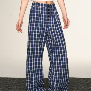 Vintage Plaid Button-Up Casual Pants for Women - Summer Loose Relaxed Wide-Leg Trousers, American Style Fashion