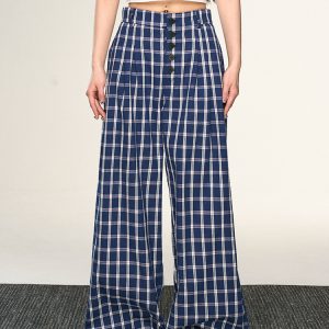 Vintage Plaid Button-Up Casual Pants for Women - Summer Loose Relaxed Wide-Leg Trousers, American Style Fashion