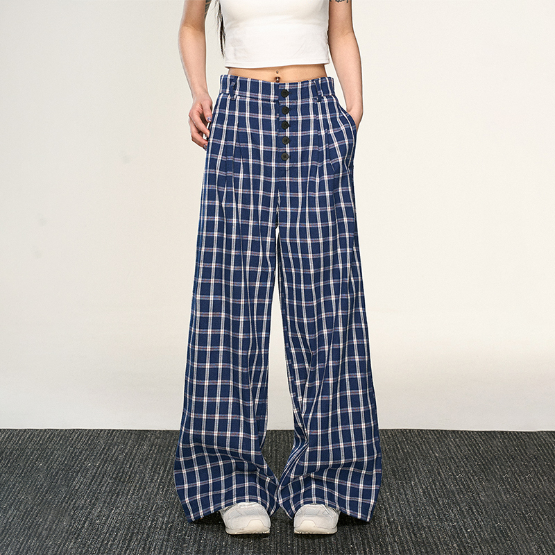 Vintage Plaid Button-Up Casual Pants for Women - Summer Loose Relaxed Wide-Leg Trousers, American Style Fashion
